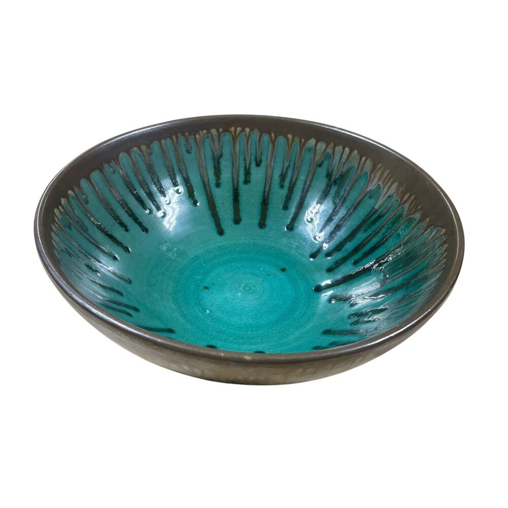 Art Pottery Serving Bowl Fruit or Mixing Bowl Drip Glaze Blue Green Flea Bite
